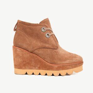 See by Chloe Ethel Brown Shearling-Lined Suede Wedge Desert Booties